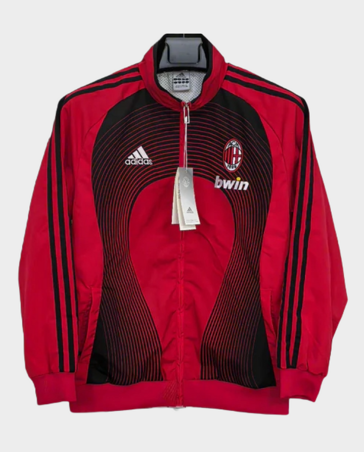 AC Milan windbreaker 2025 in red with black accents and Adidas logo for fans and athletes