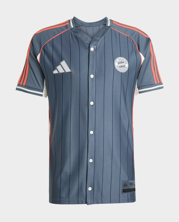 The Dribble Store Bayern Munich special edition shirt 2025 gray button front jersey with orange shoulder stripes and club crest