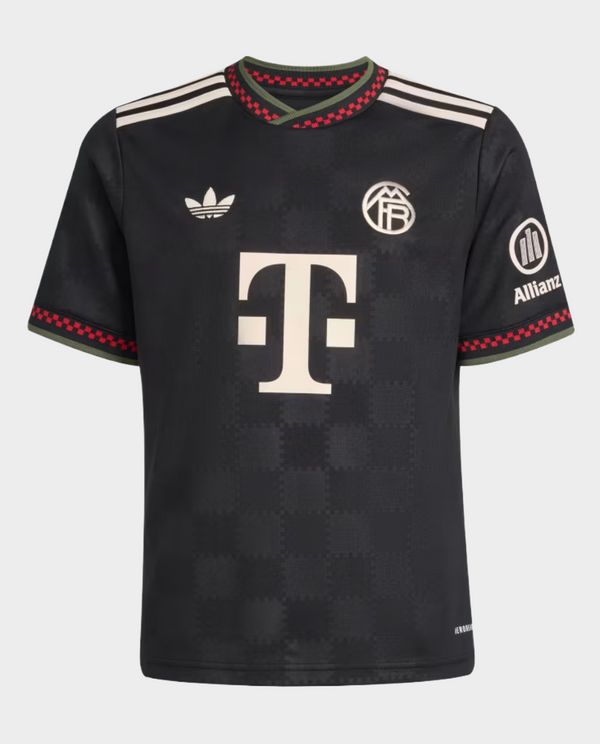 The Dribble Store Bayern Munich third jersey 2025-26 black short sleeve with cream logos and red green trim