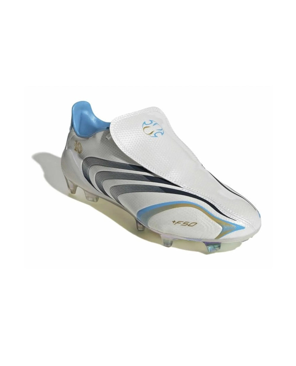 F50 Elite Tunit Messi White Blue Grey FG Football Cleats | The