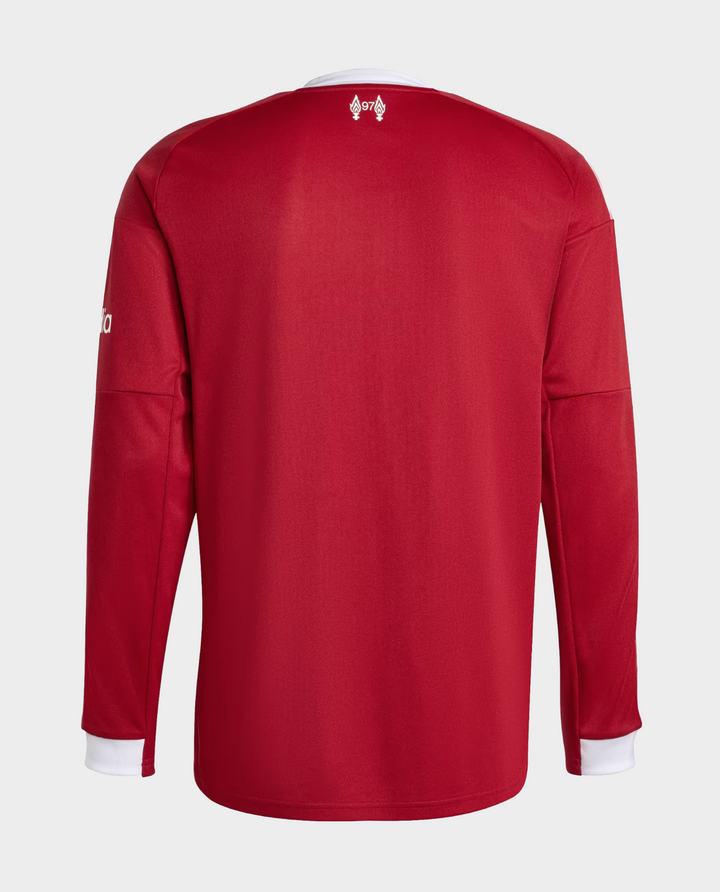 The Dribble Store Liverpool home jersey 2025-26 full sleeves back view red long sleeve football shirt with white cuffs