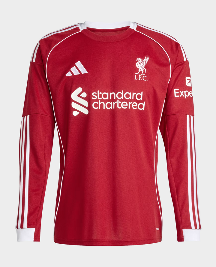 The Dribble Store Liverpool home jersey 2025-26 full sleeves red long sleeve football shirt with white logos