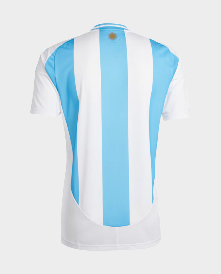 Argentina home jersey 2024 with blue and white vertical stripes on the back and a stylish design