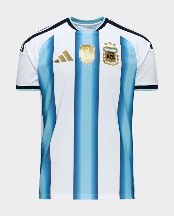 Argentina home jersey 2025 26 featuring blue and white stripes with gold accents and team badge