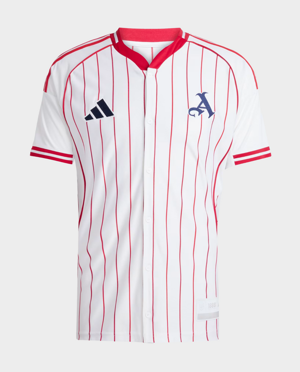 Arsenal US Pack shirt 2025-26 special edition with red and white striped design and buttons