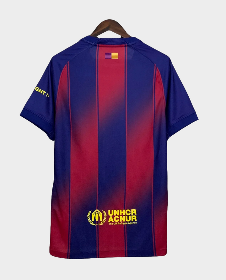 Barcelona Home Jersey 2025-26 featuring a striking red and blue design with UNHCR logo on the back