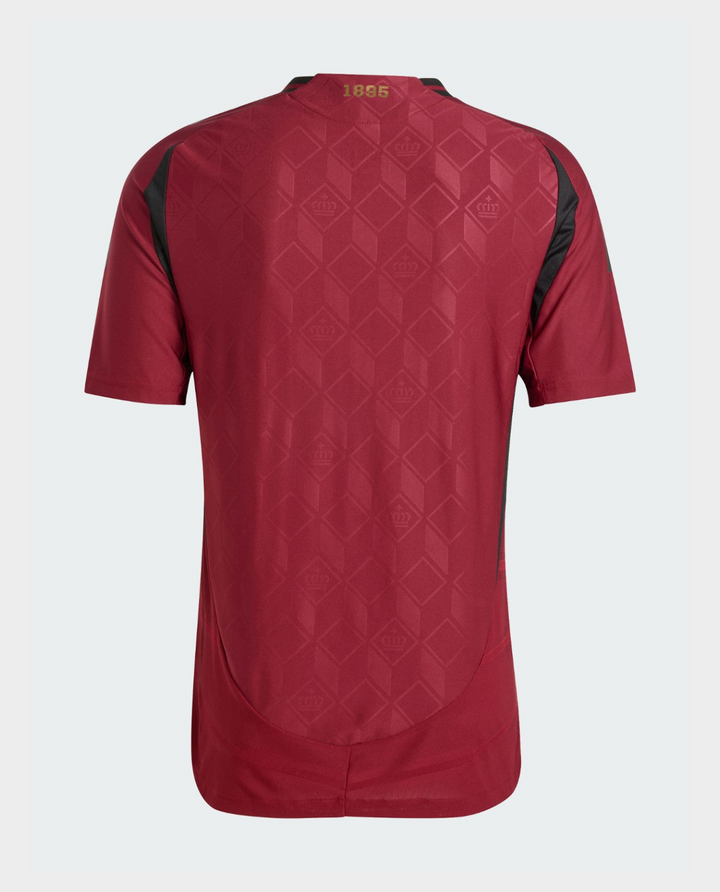 Back view of the Belgium 2024 home jersey featuring a diamond pattern in red and black accents