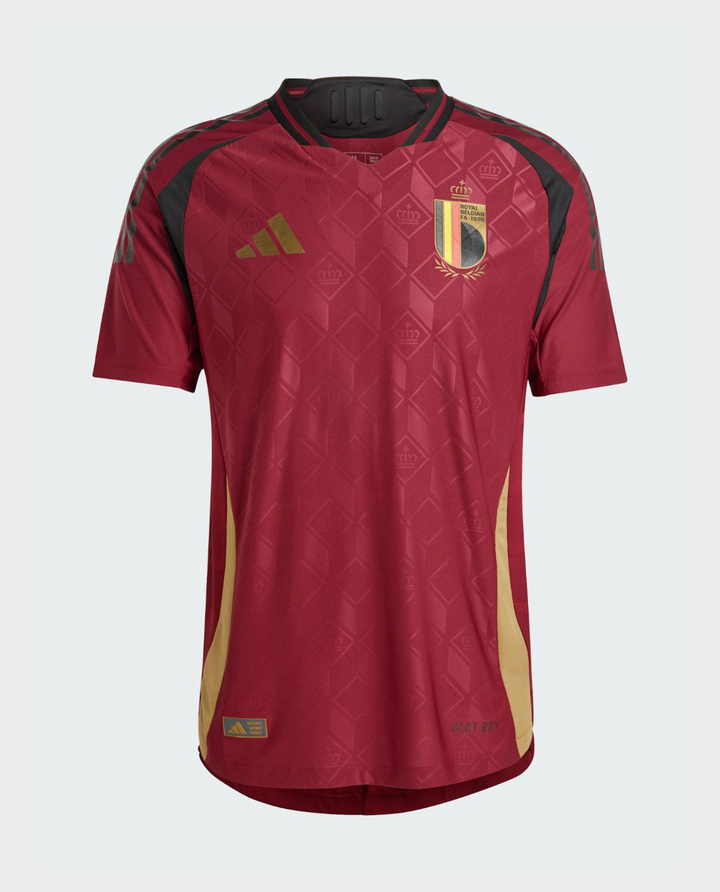 Belgium 2024 home jersey featuring a vibrant red design with gold accents and black details