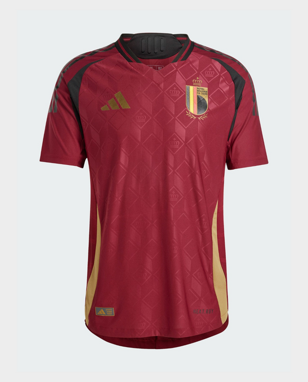 Belgium home jersey 2024 by Striker Store featuring a red design with gold accents