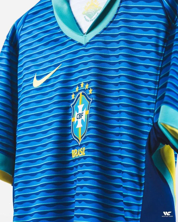 Brazil away jersey 2024-25 featuring iconic blue design and CBF logo for soccer fans