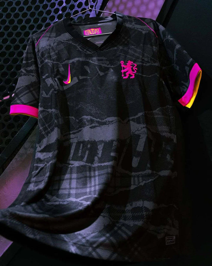 Chelsea third jersey 2024 fan version in black with pink and yellow accents