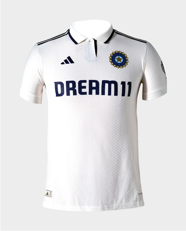 The Dribble Store India cricket test jersey 2025 in white with Dream11 logo and black accents