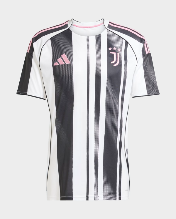 Juventus Home Jersey 25-26 player with iconic black and white stripes and pink accents