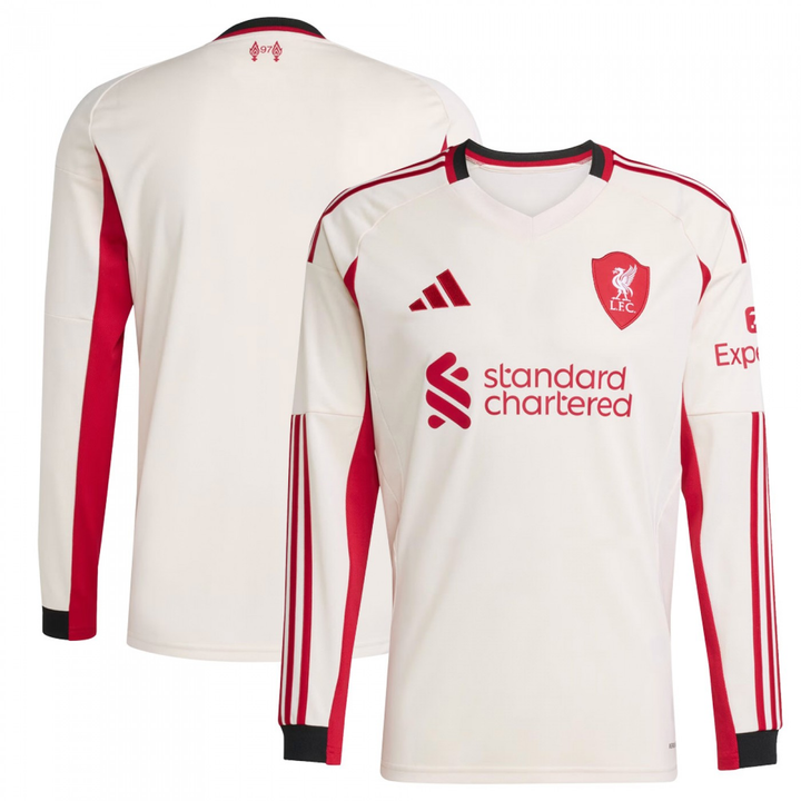 Liverpool away jersey 2025-26 full sleeve with red accents and sponsor logo
