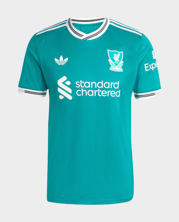 Liverpool third jersey 2025-26 player version in turquoise with classic striped details