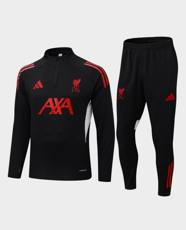 Liverpool training suit 2025-26 featuring a black wind-breaker with red accents and a matching pant