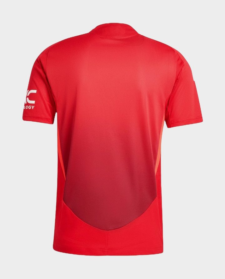 Back view of the Manchester United 2024 home jersey featuring a vibrant red design and breathable fabric