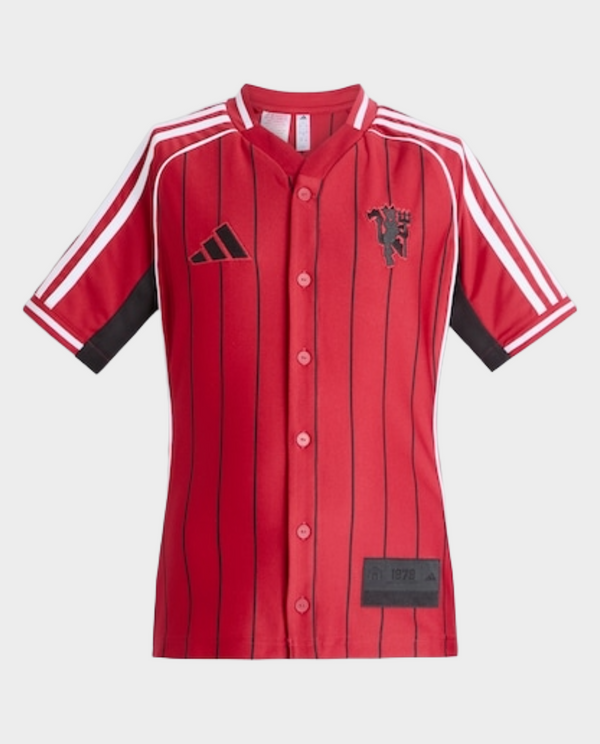 The Dribble Store Manchester United special edition shirt 2025 in red with striped design and black accents