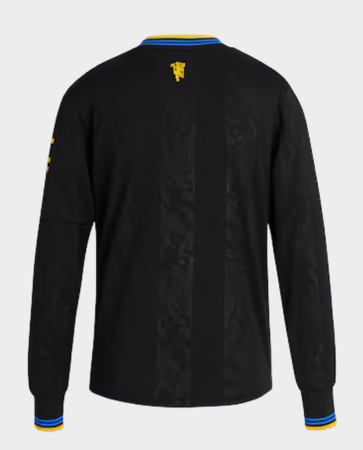 Back view of Manchester United third jersey 2025-26 in black with colorful collar and sleeve details