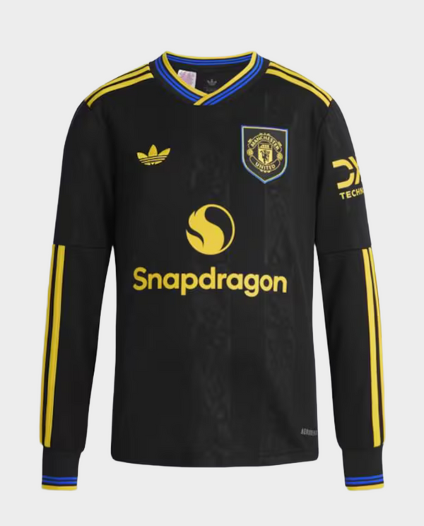 Manchester United third jersey 2025-26 in black with yellow accents and emblem from The Dribble Store