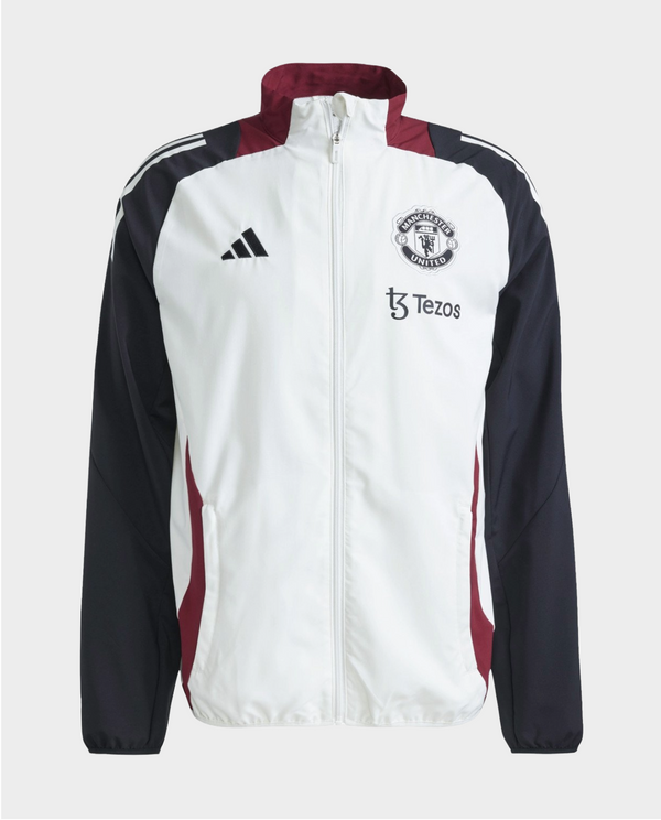 Manchester United white windbreaker 2025 with team logo and black sleeves for passionate fans