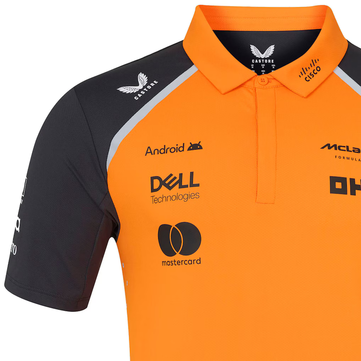 The Dribble Store McLaren F1 racing 2025 team polo in orange and black with sponsor logos