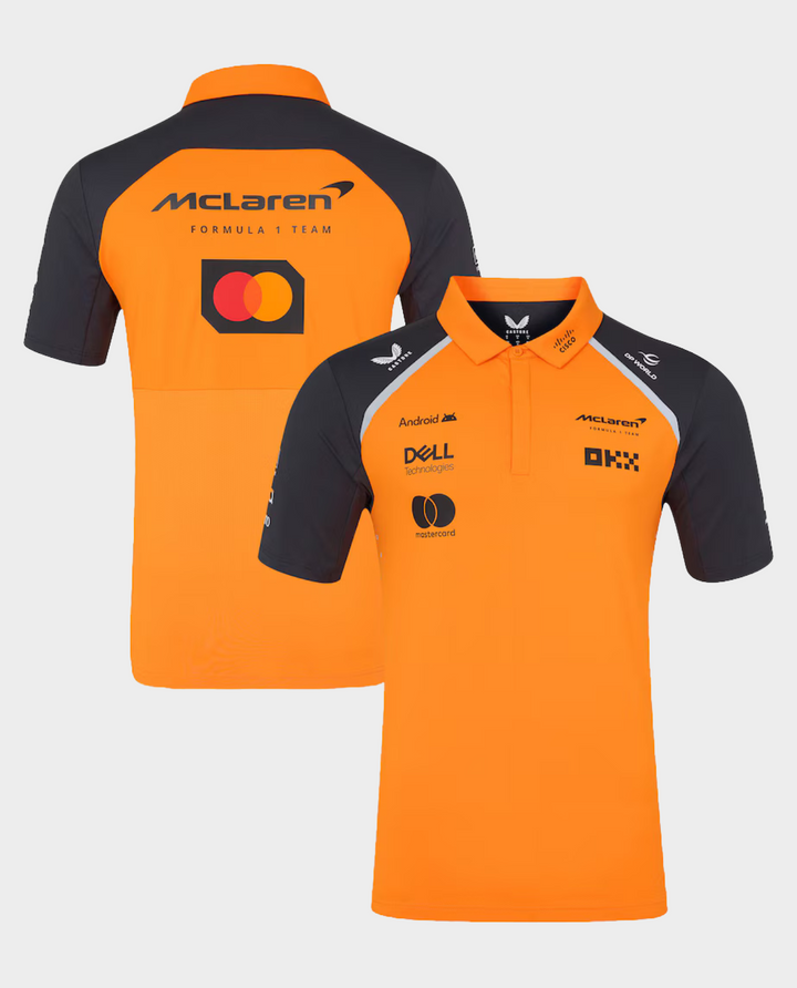 McLaren F1 racing 2025 team polo in orange and black featuring sponsor logos and a sporty design