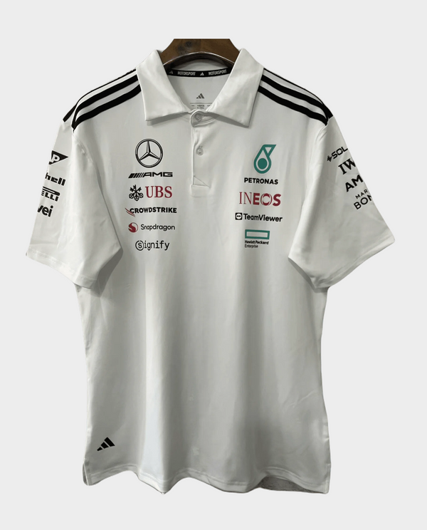Mercedes AMG Petronas F1 white polo shirt with branded logos and Adidas design