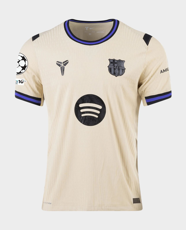 The Dribble Store Barcelona away jersey 2025-26 cream short sleeve kit with black Spotify logo and purple trim