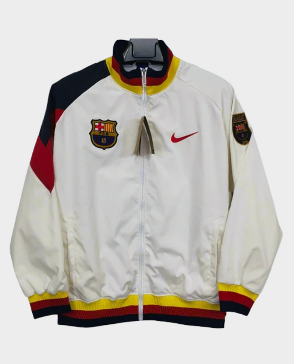 Barcelona windbreaker jacket 2025-26 in white with vibrant colors and Nike logo for fans