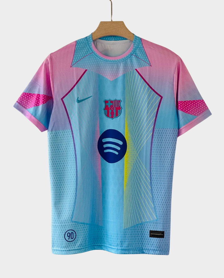 The Dribble Store FC Barcelona Blue Edition Jersey 2025-26 pink and blue gradient short sleeve kit with Spotify logo
