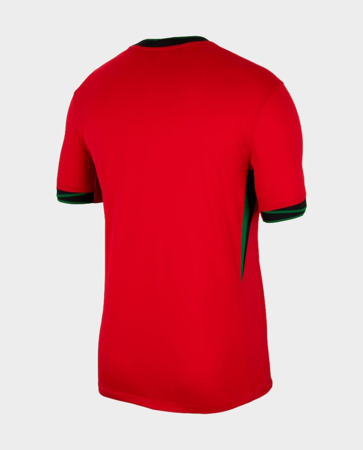 Back view of the Portugal home jersey 2024 in vibrant red with green accents for soccer fans