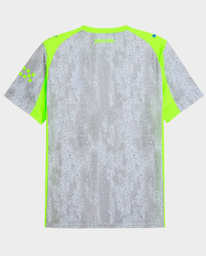 The Dribble Store Manchester City Third Jersey 2025-26 back view gray marbled pattern with neon yellow side panels and short sleeves