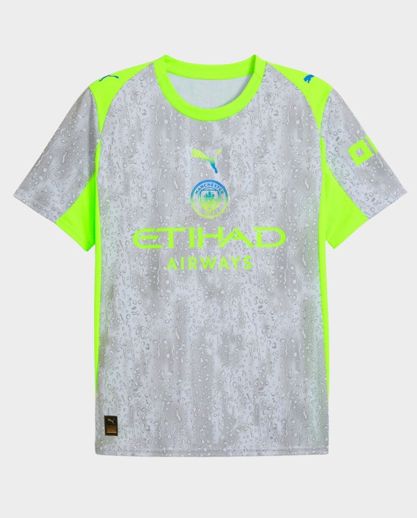 The Dribble Store Manchester City Third Jersey 2025-26 grey camo print with neon yellow trim Etihad Airways logo