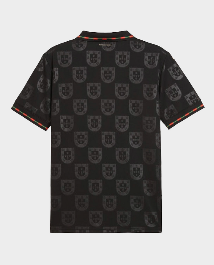 Portugal Panther Negra SE jersey featuring a black pattern with shield logos and colorful detailing