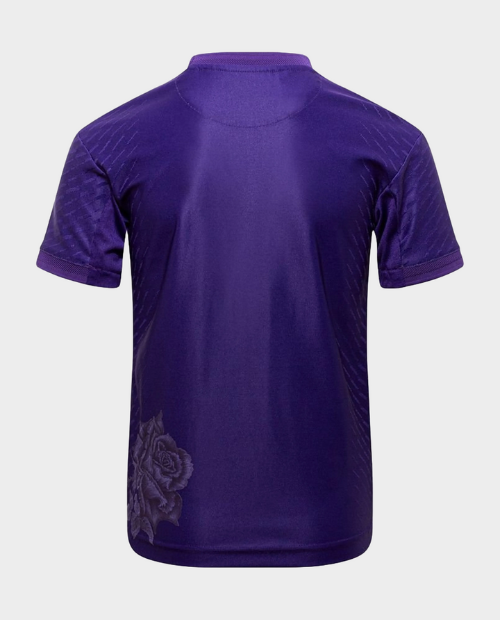 Back view of a purple Real Madrid Y3 jersey fan version featuring a floral design